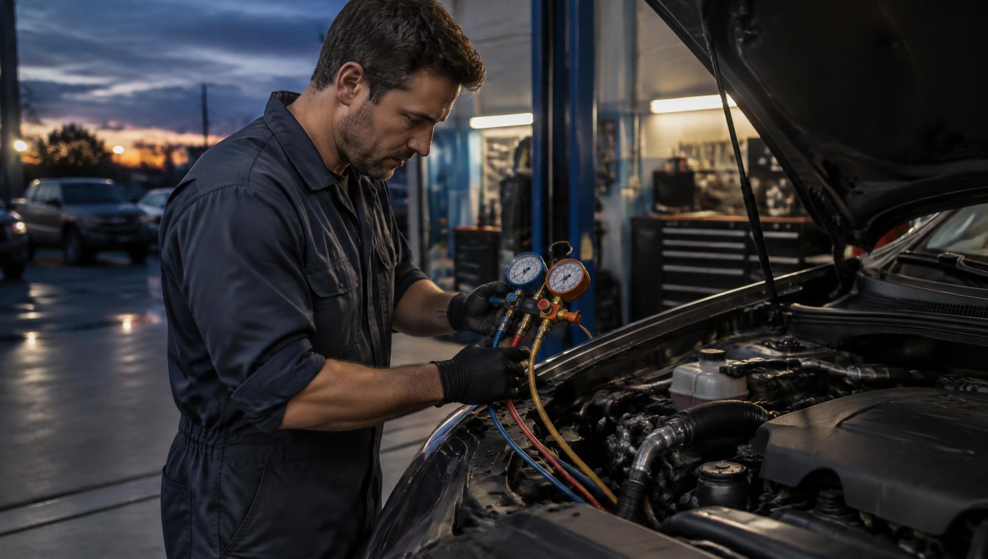 Technician servicing a vehicle A/C system